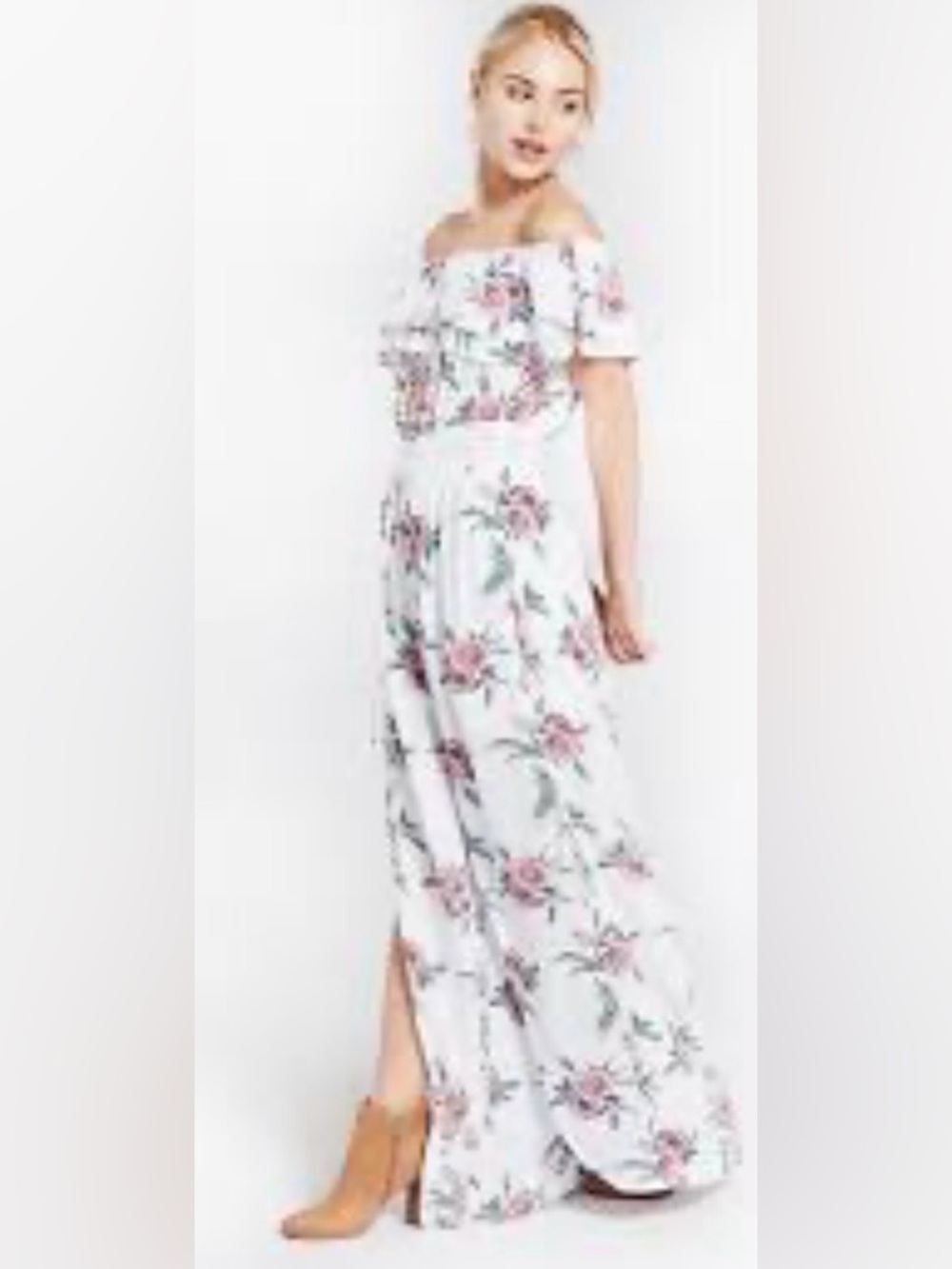 Adam Levine Collection White Pink Floral Open Leg Off Shoulder Jumpsuit XS - Picture 2 of 8